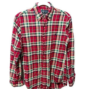 Ralph Lauren Mens Red Blue Polo Plaid Oxford Button Shirt M/L Slim Long Sleeve
